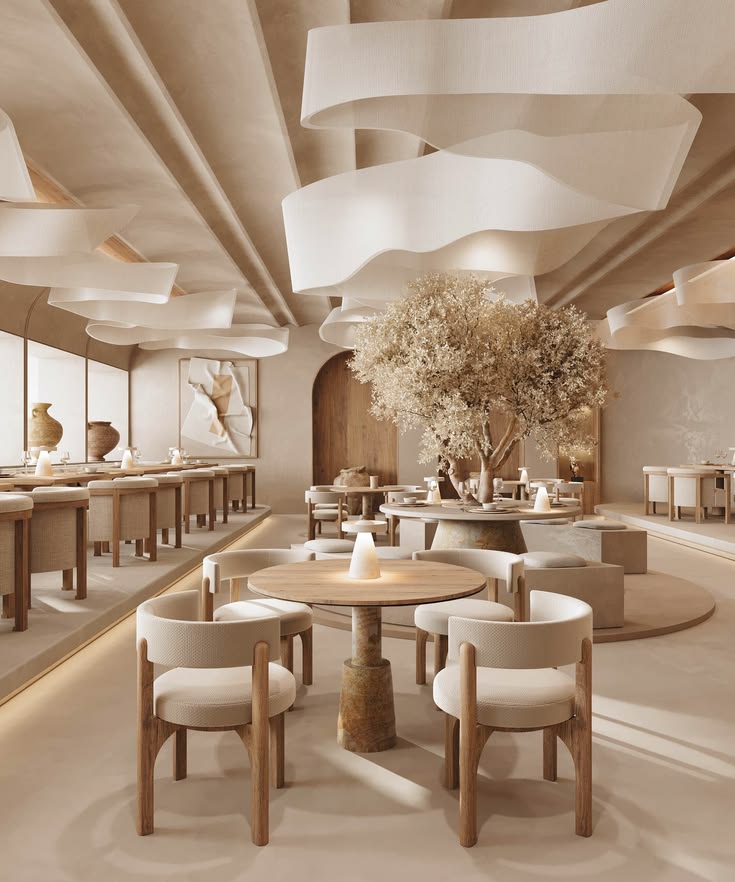 Warm minimalist restaurant interior with sculptural tree