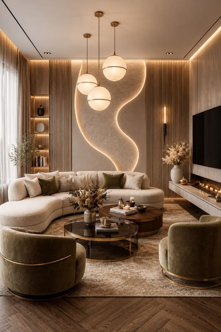 Luxury living room with curved sofa and feature wall