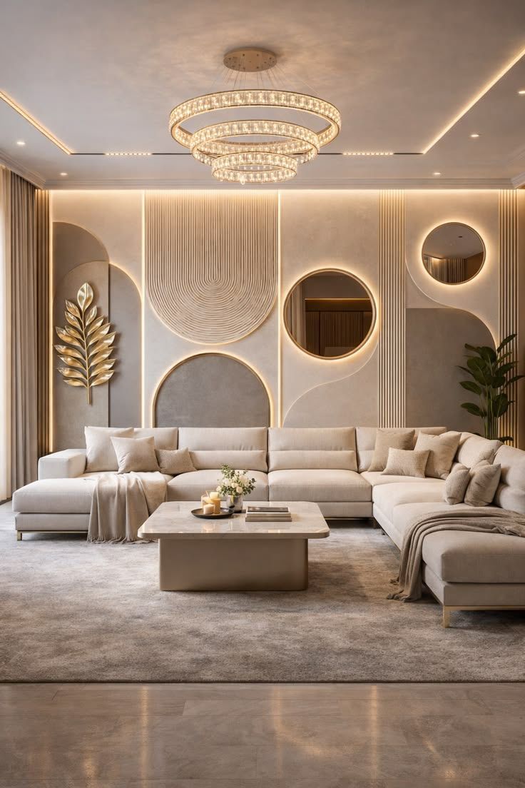 Elegant living room with sectional sofa and crystal chandelier